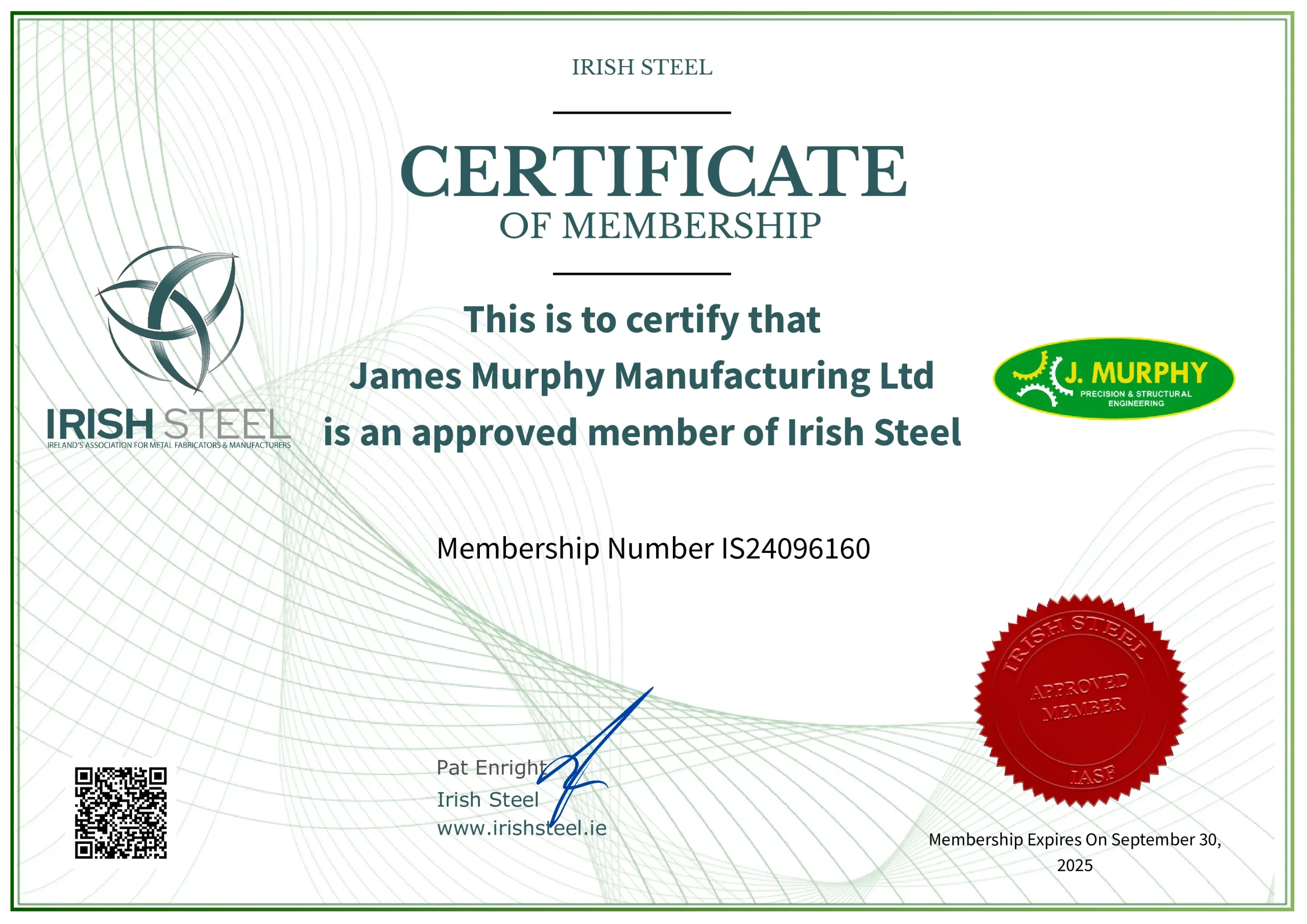 Irish Steel Certificate Murphy Engineering's official Irish Steel membership certificate, showcasing approval as a trusted metal fabrication company in Ireland.